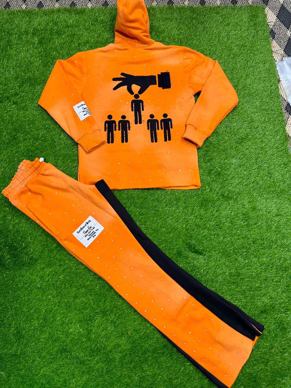 (Orange) Born Chosen rhinestone tracksuit full set