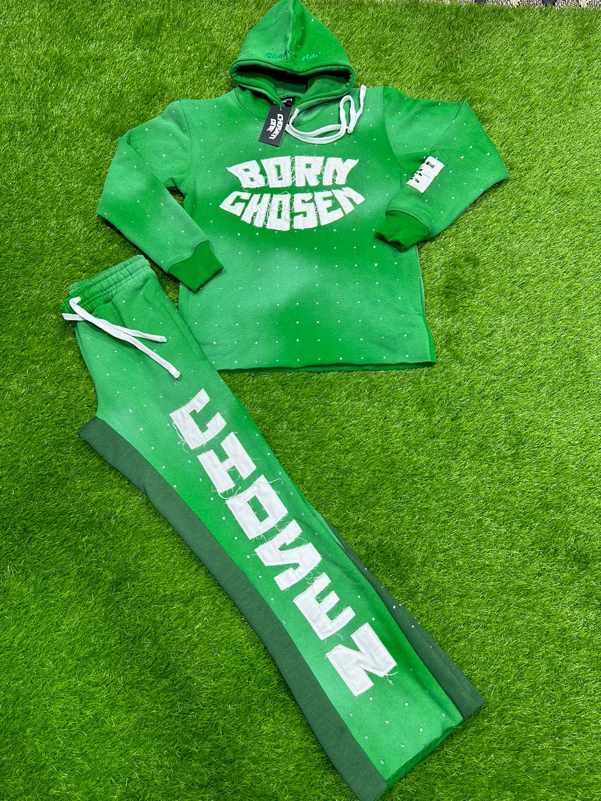 (Green) Born Chosen rhinestone tracksuit full set