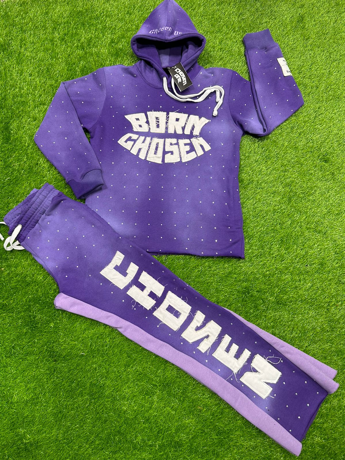 (Purple) Born Chosen rhinestone tracksuit full set