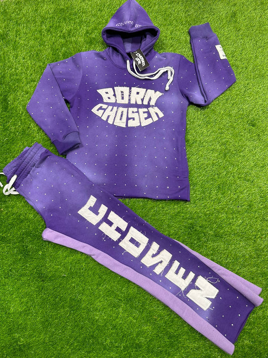 (Purple) Born Chosen rhinestone tracksuit full set