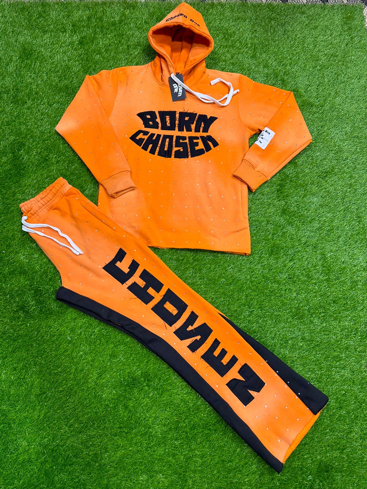 (Orange) Born Chosen rhinestone tracksuit full set